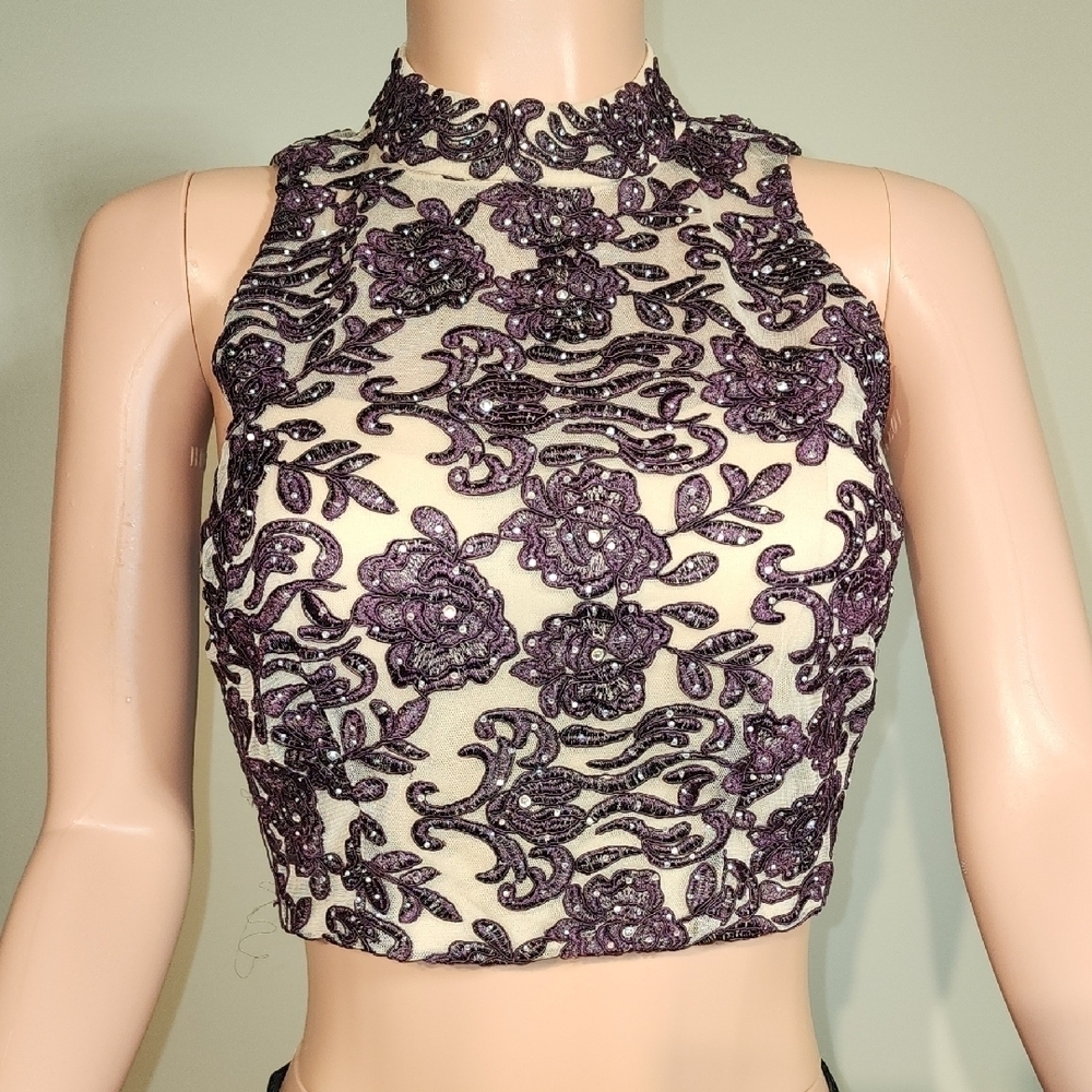 Purple Embellished Crop Tank Top